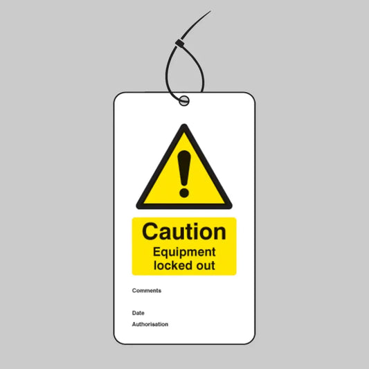 Caution equipment locked out double sided safety tags 80x150mm c/w cable ties (pack of 10)
