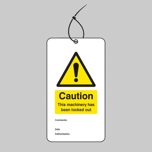 Caution this machinery has been locked out double sided safety tags 80x150mm c/w cable ties (pack 10