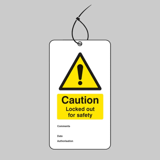 Caution locked out for safety double sided safety tags 80x150mm c/w cable ties (pack of 10)