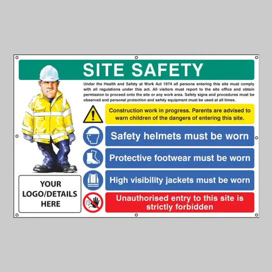 Site safety, helmets, footwear, hi vis, unauthorised entry, custom banner c/w eyelets 1270x810mm