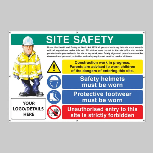 Site safety, helmets, footwear, unauthorised entry custom banner c/w eyelets 1270x810mm