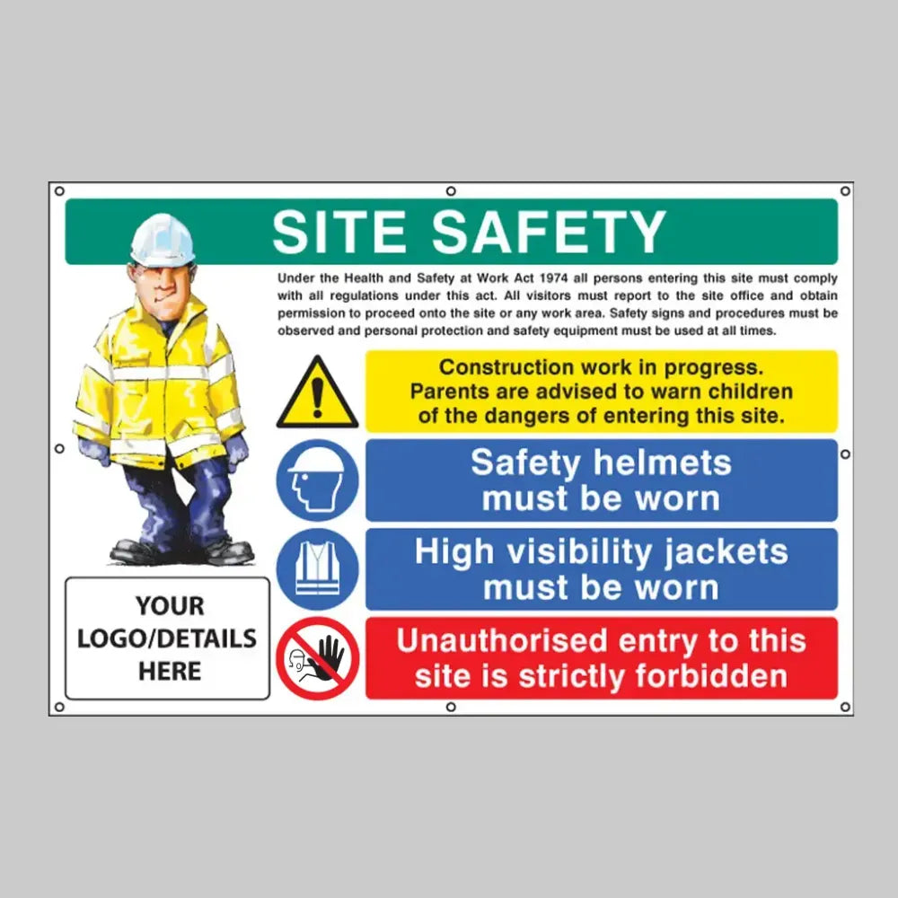 Site safety, helmets, hi-vis, unauthorised entry custom banner c/w eyelets 1270x810mm