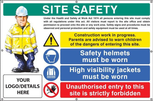 55124 Site safety, helmets, hi-vis, unauthorised entry custom banner c/w eyelets (1270x810mm)