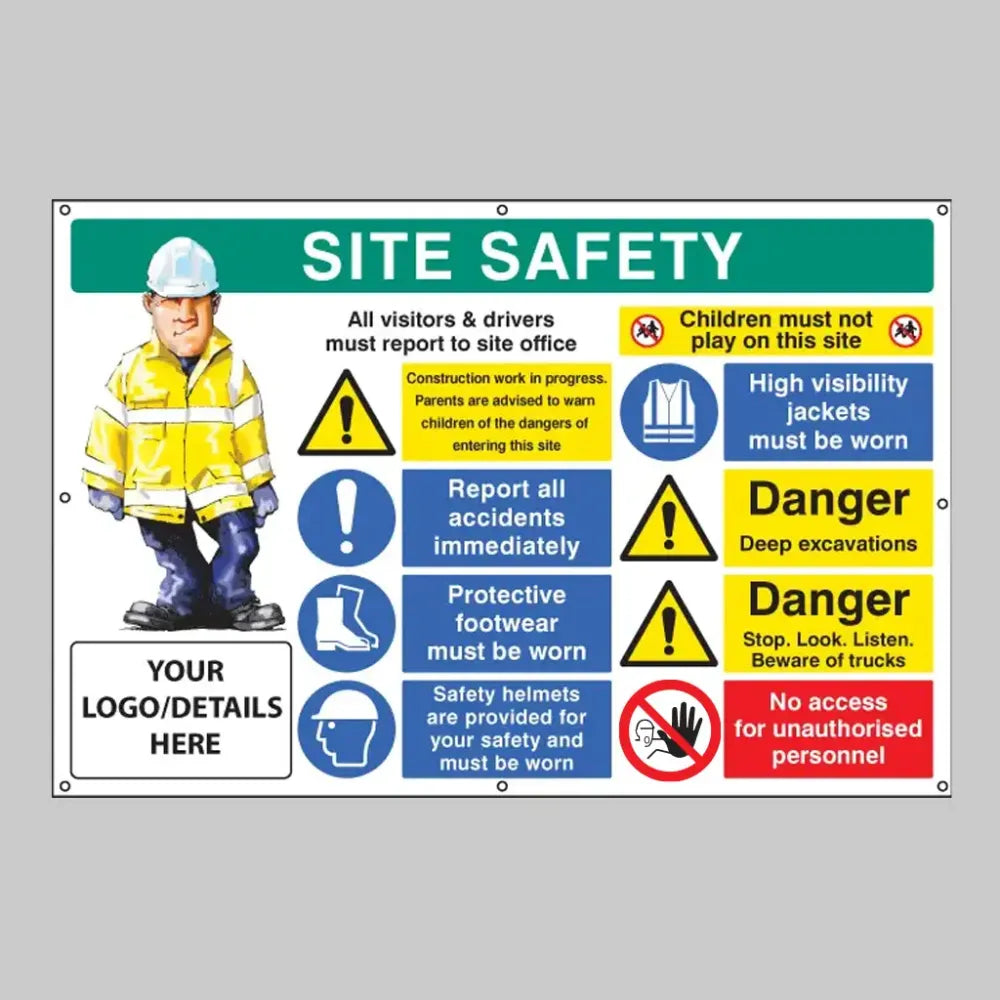 Site safety, multi-message, deep excavations, custom banner c/w eyelets 1270x810mm