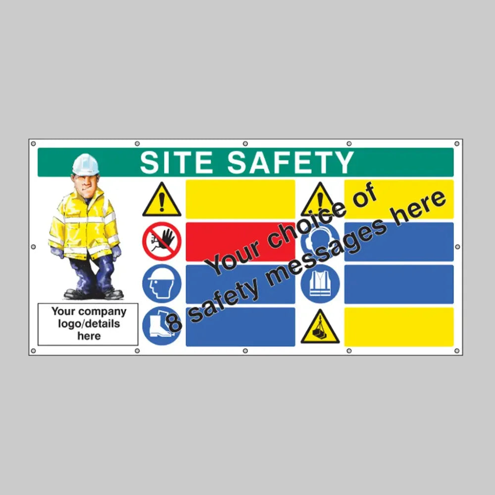 Site safety, multi-message, design your own custom banner c/w eyelets 1270x2440mm