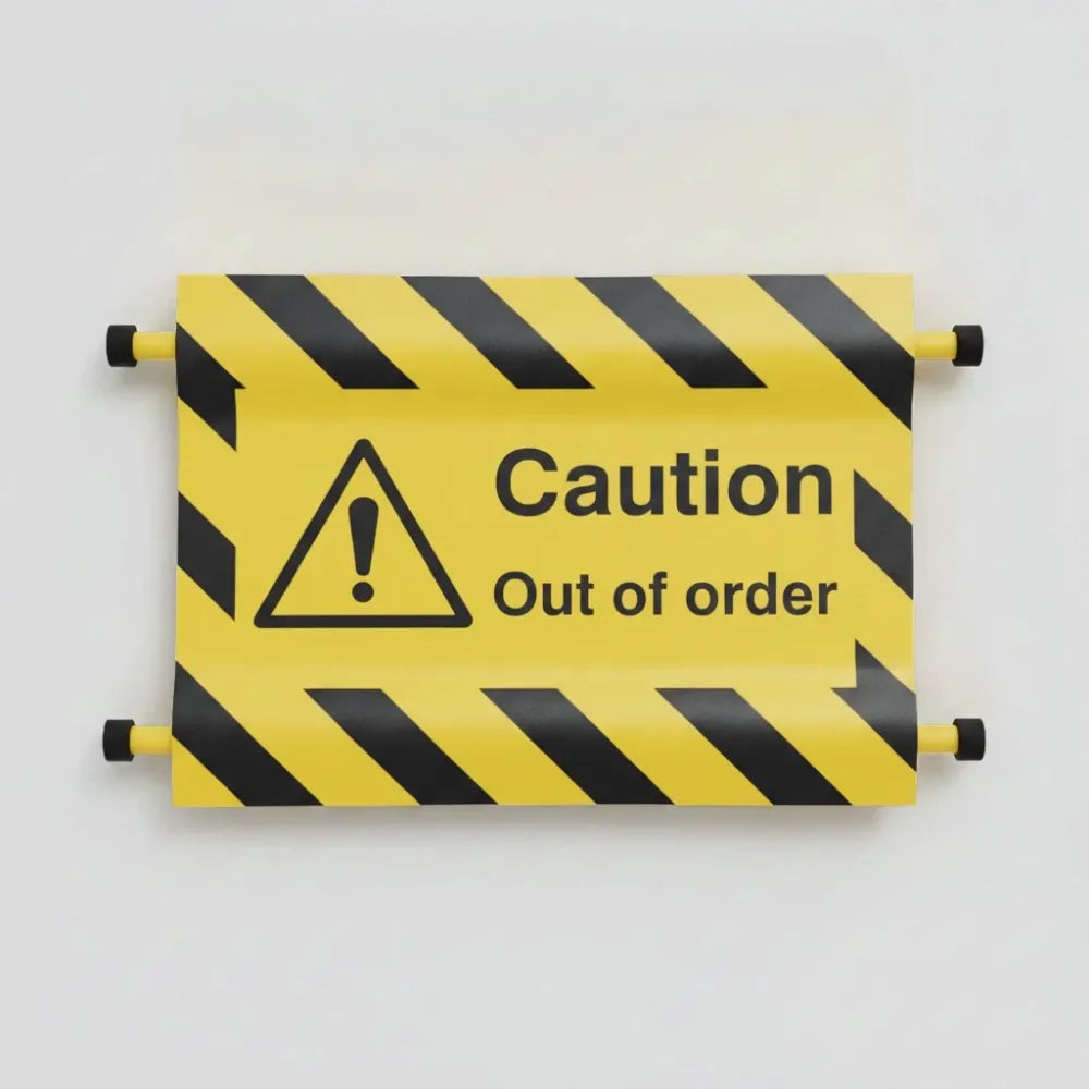 Caution out of order door screen 600x450mm c/w spring loaded poles 710 to 1010mm