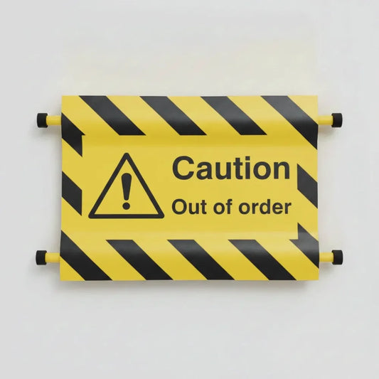 Caution out of order door screen 600x450mm c/w spring loaded poles 710 to 1010mm