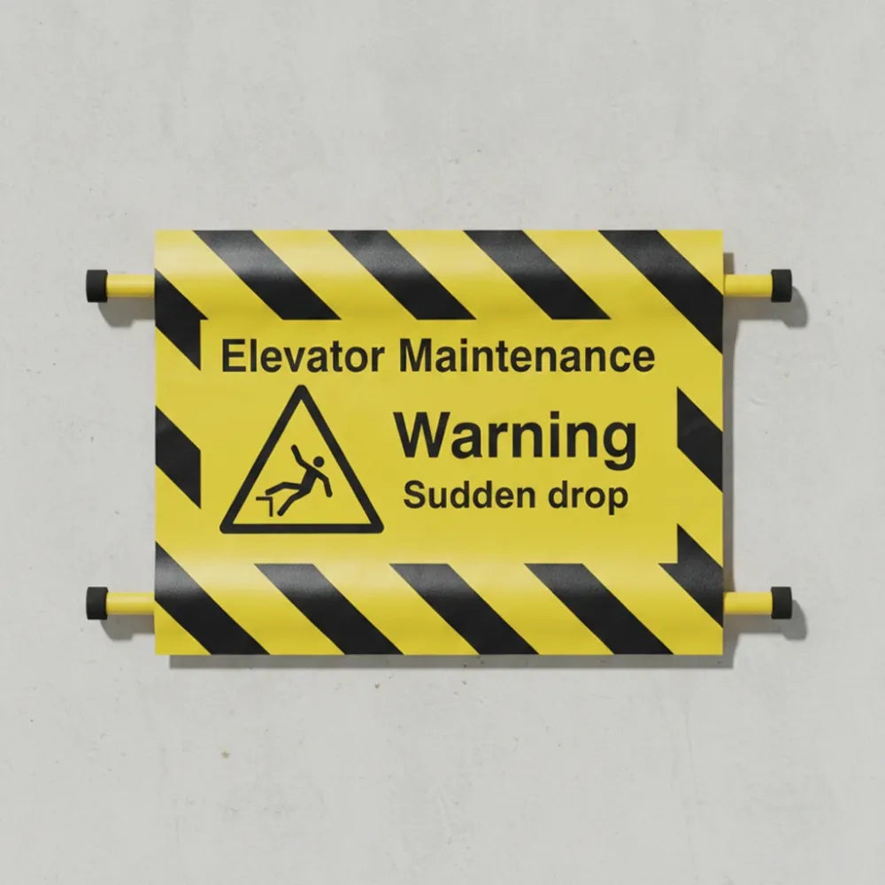 Elevator maintenance, warning sudden drop door screen 600x450mm c/w spring loaded poles 710 to 1010m