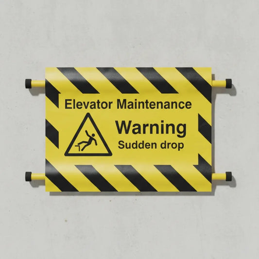 Elevator maintenance, warning sudden drop door screen 600x450mm c/w spring loaded poles 710 to 1010m