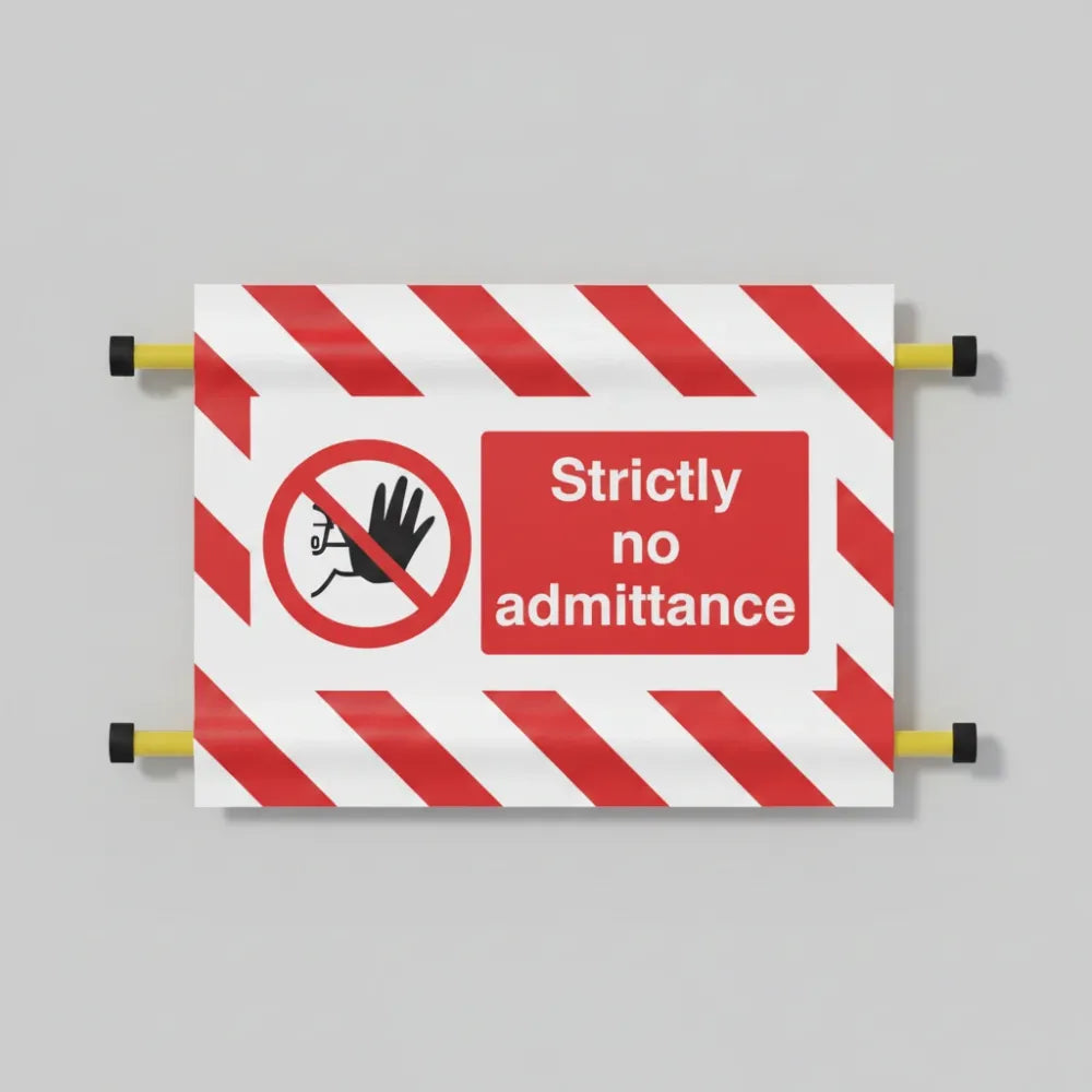 Strictly no admittance door screen 600x450mm c/w spring loaded poles 710 to 1010mm