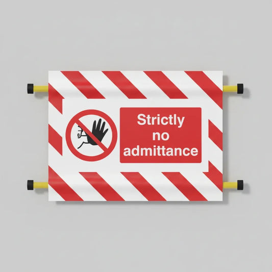 Strictly no admittance door screen 600x450mm c/w spring loaded poles 710 to 1010mm