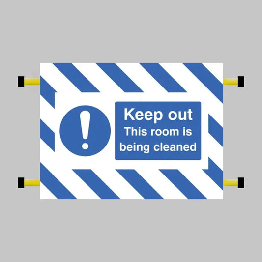 Keep out this room is being cleaned door screen 600x450mm c/w spring loaded poles 710 to 1010mm