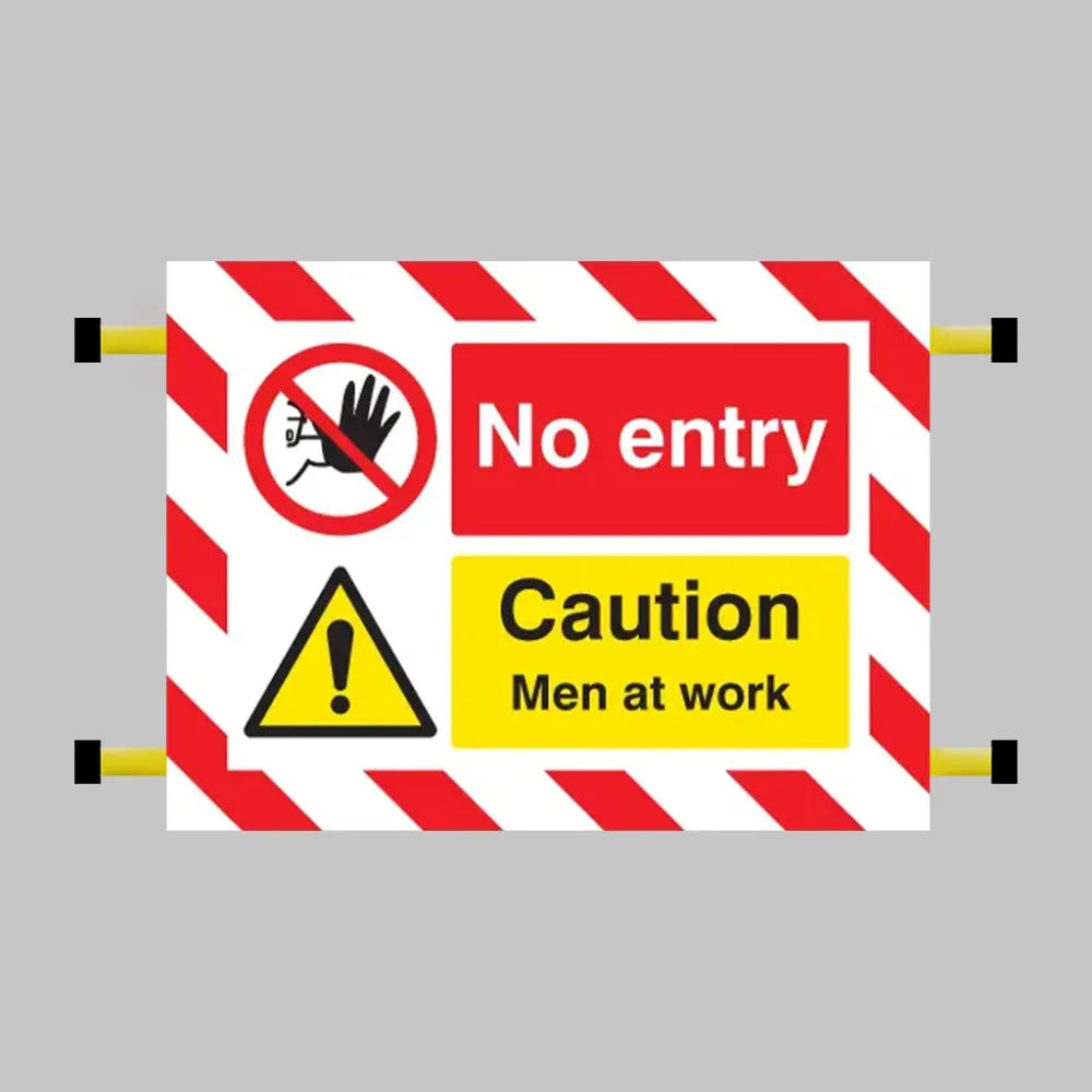 No entry Caution men at work door screen 600x450mm c/w spring loaded poles 710 to 1010mm