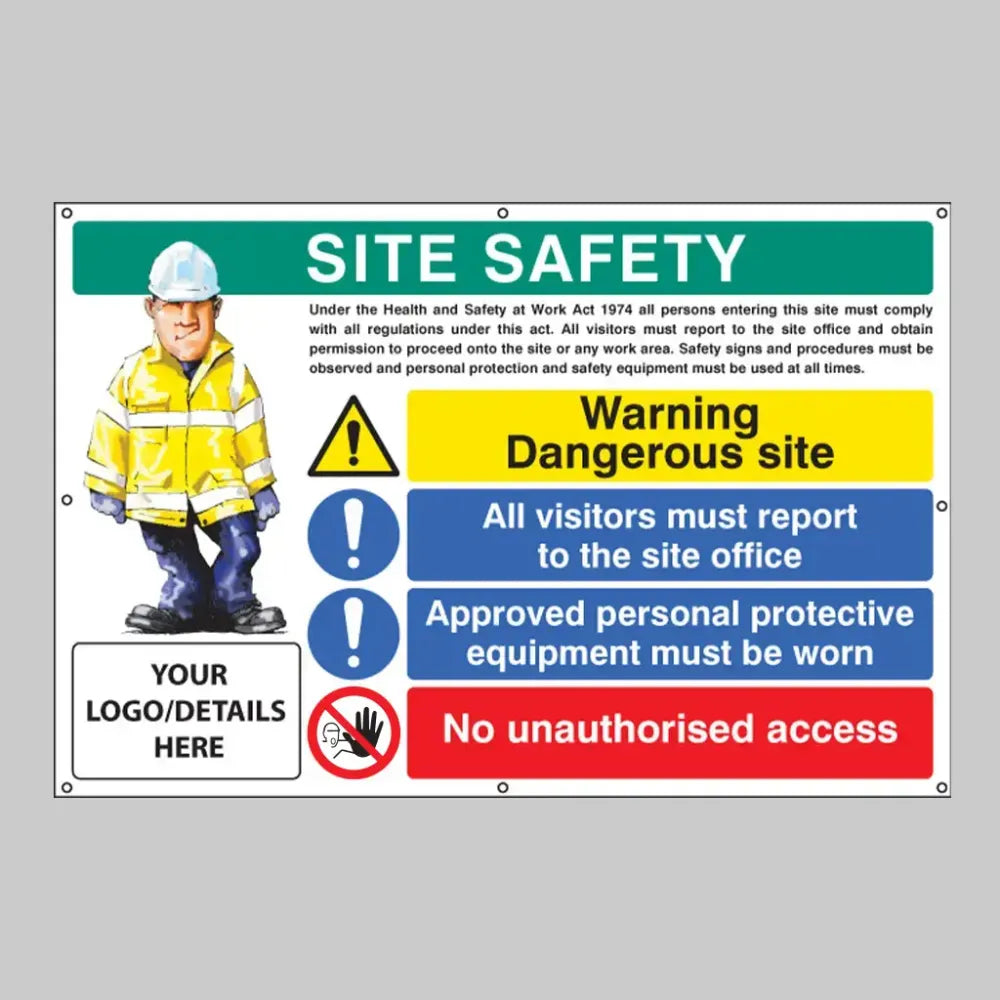 Site safety, dangerous site, visitors, PPE, access, custom banner c/w eyelets 1270x810mm