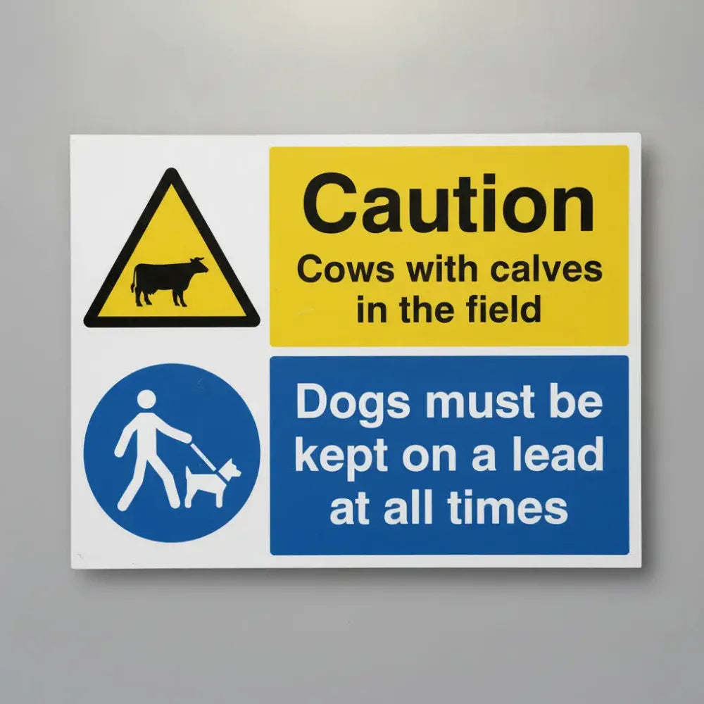 15528Q Warning Cows with calves in field Dogs must be kept on a lead Rigid Plastic (600x450mm) Safety Sign