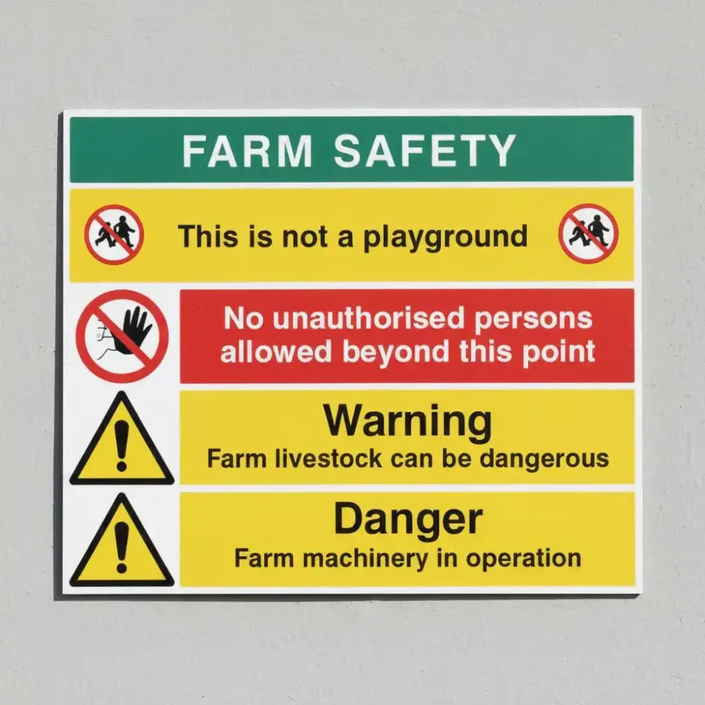 15531Q No unauthorised persons, Warning livestock can be dangerous, danger farm machinery in operation, This is not a playground Rigid Plastic (600x450mm) Safety Sign