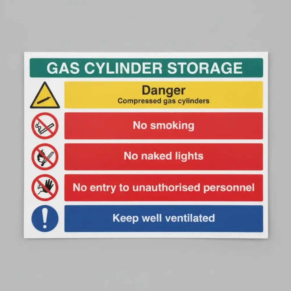 15536Q Gas cylinder storage: Danger compressed gas, no smoking, no naked flames, no entry to unauthorised personnel, keep well ventilated (semi rigid pvc safety sign) Rigid Plastic (600x450mm) Safety Sign