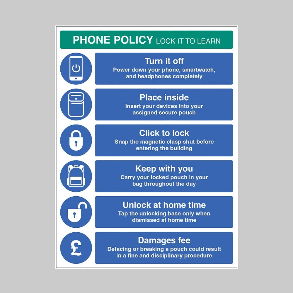 25549Q Phone Policy - Pouch Policy - Lock it to Learn - Self Adhesive Vinyl (450x600mm) Safety Sign