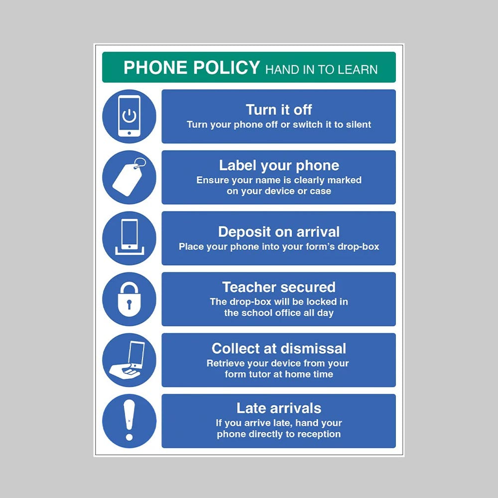 15550Q Phone Policy - Lock Box - Hand in to Learn - Rigid Plastic (450x600mm) Safety Sign