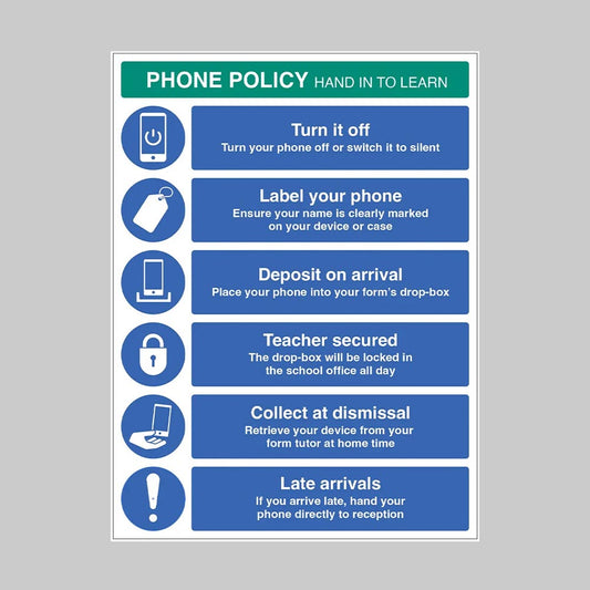 75550Y Phone Policy - Lock Box - Hand in to Learn - PET (200x300mm) Safety Sign
