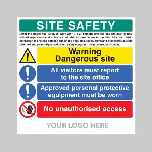 Site safety board, dangerous site, visitors, PPE, access, builder signs 1220x1220mm