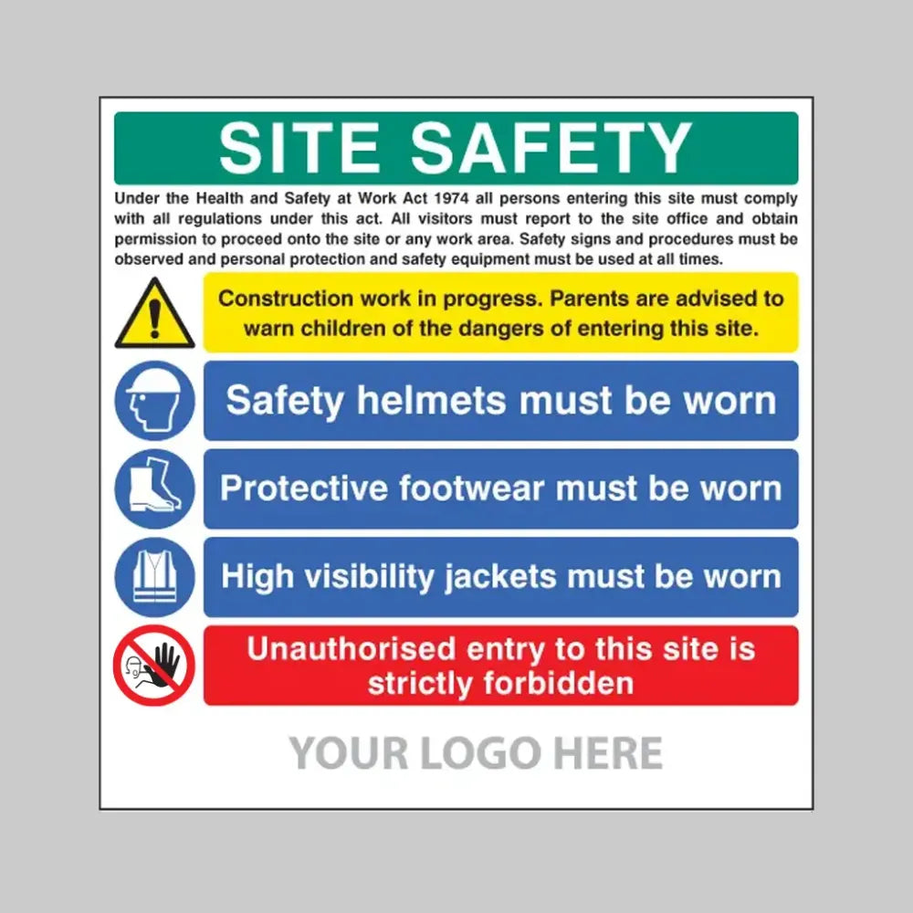 Site safety board, helmets, footwear, hi vis, unauthorised entry, builder signs 1220x1220mm