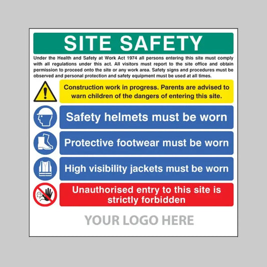 Site safety board, helmets, footwear, hi vis, unauthorised entry, builder signs 1220x1220mm