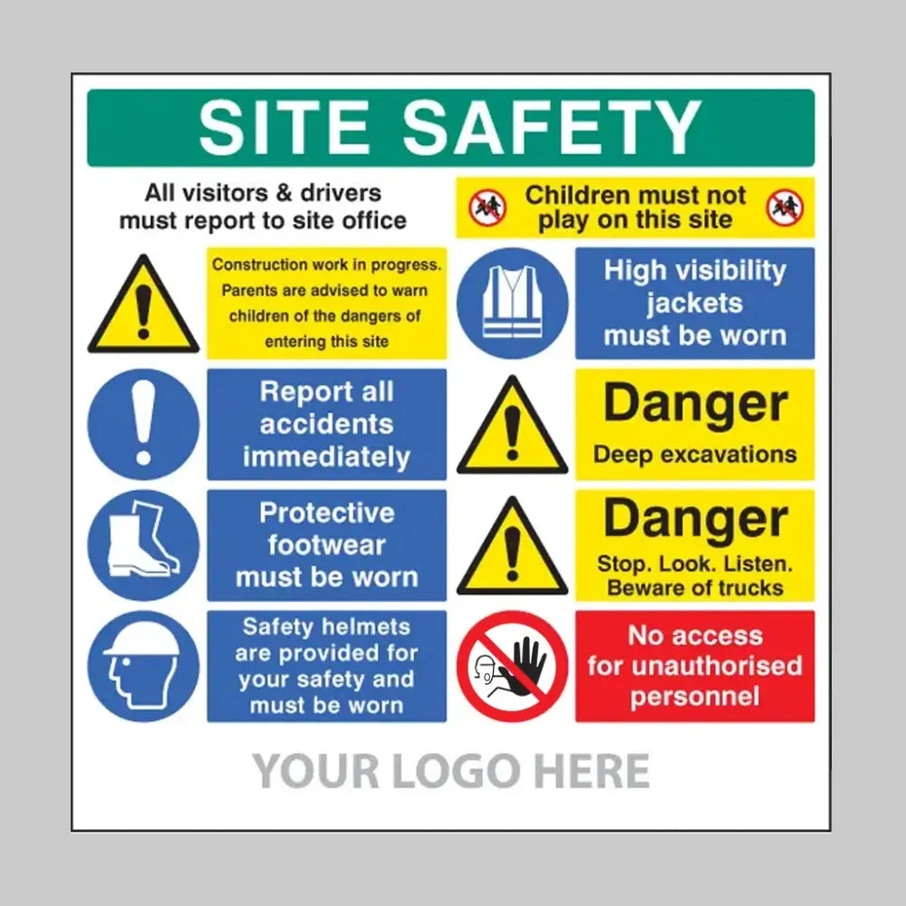 Site safety board, multi-message, deep excavations, builder signs 1220x1220mm