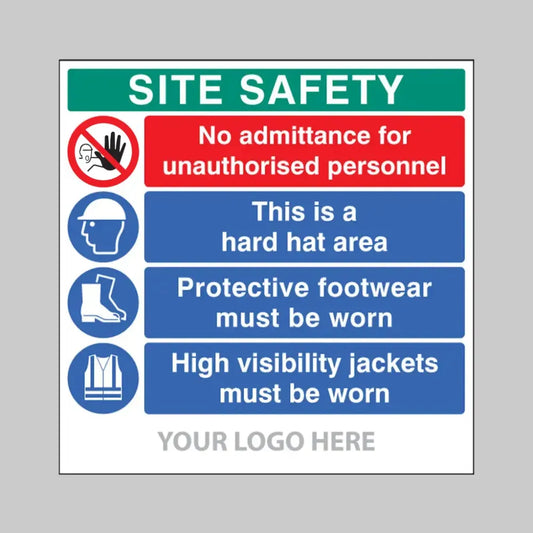 Site safety board, no admittance, hard hat, footwear, hivis,  builder signs 1220x1220mm