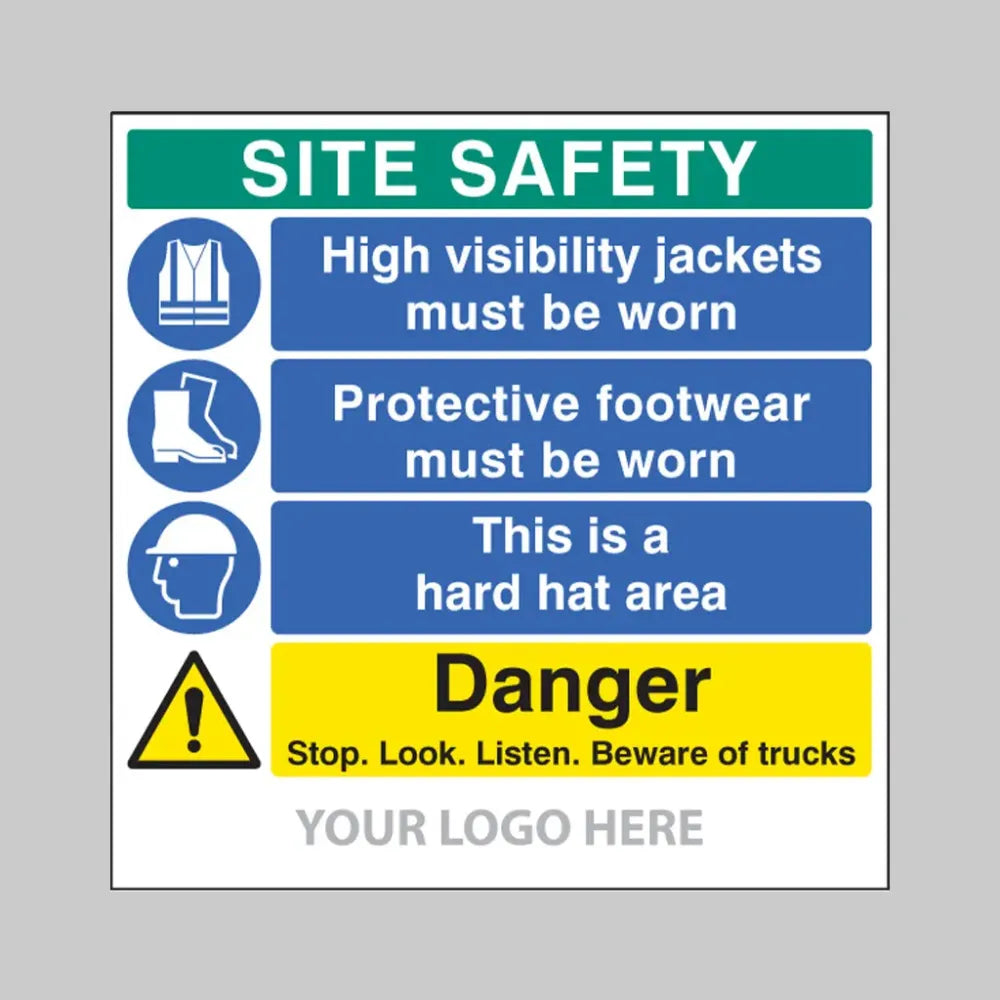 Site safety board, hivis, footwear,hard hat, trucks,  builder signs 1220x1220mm