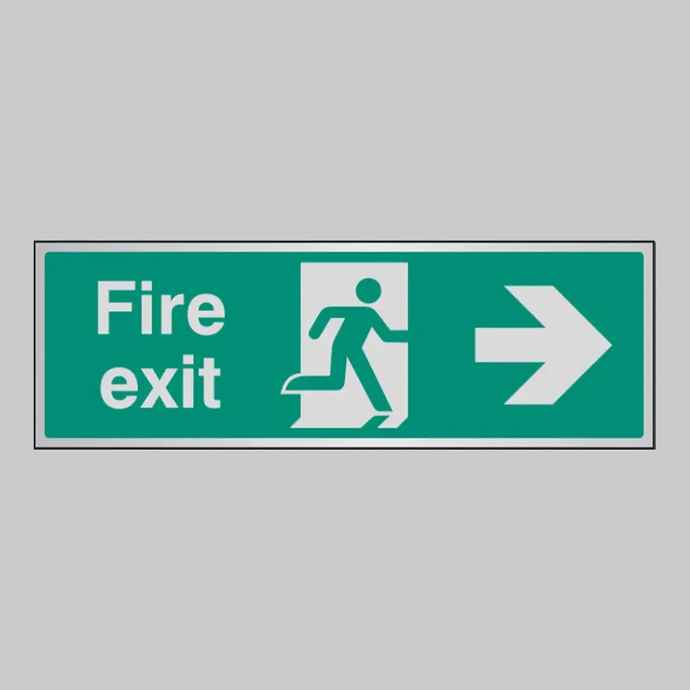 Fire exit arrow right anodised aluminium 300x100mm adhesive backed
