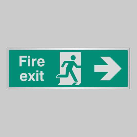 Fire exit arrow right anodised aluminium 300x100mm adhesive backed