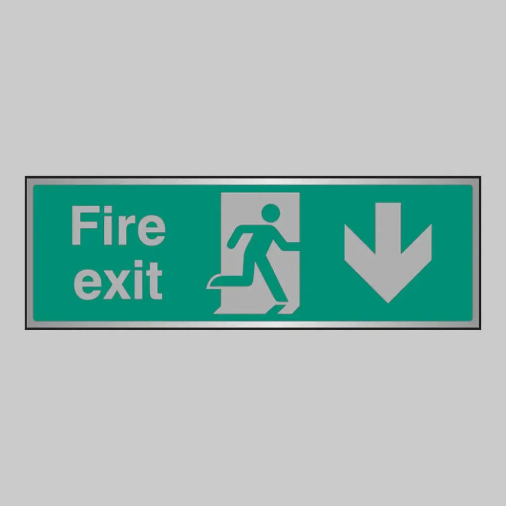 Fire exit arrow down anodised aluminium 300x100mm adhesive backed