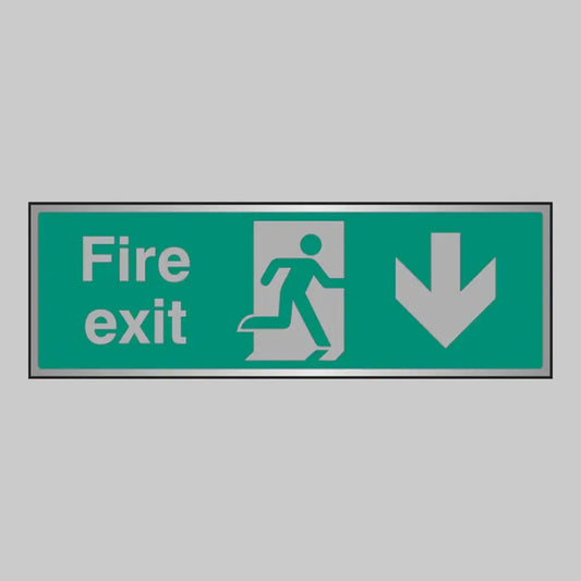 Fire exit arrow down anodised aluminium 300x100mm adhesive backed