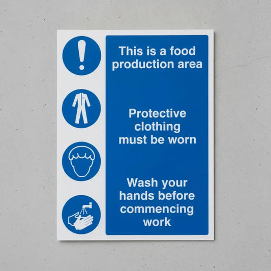 Food production area/protective clothing/wash hands