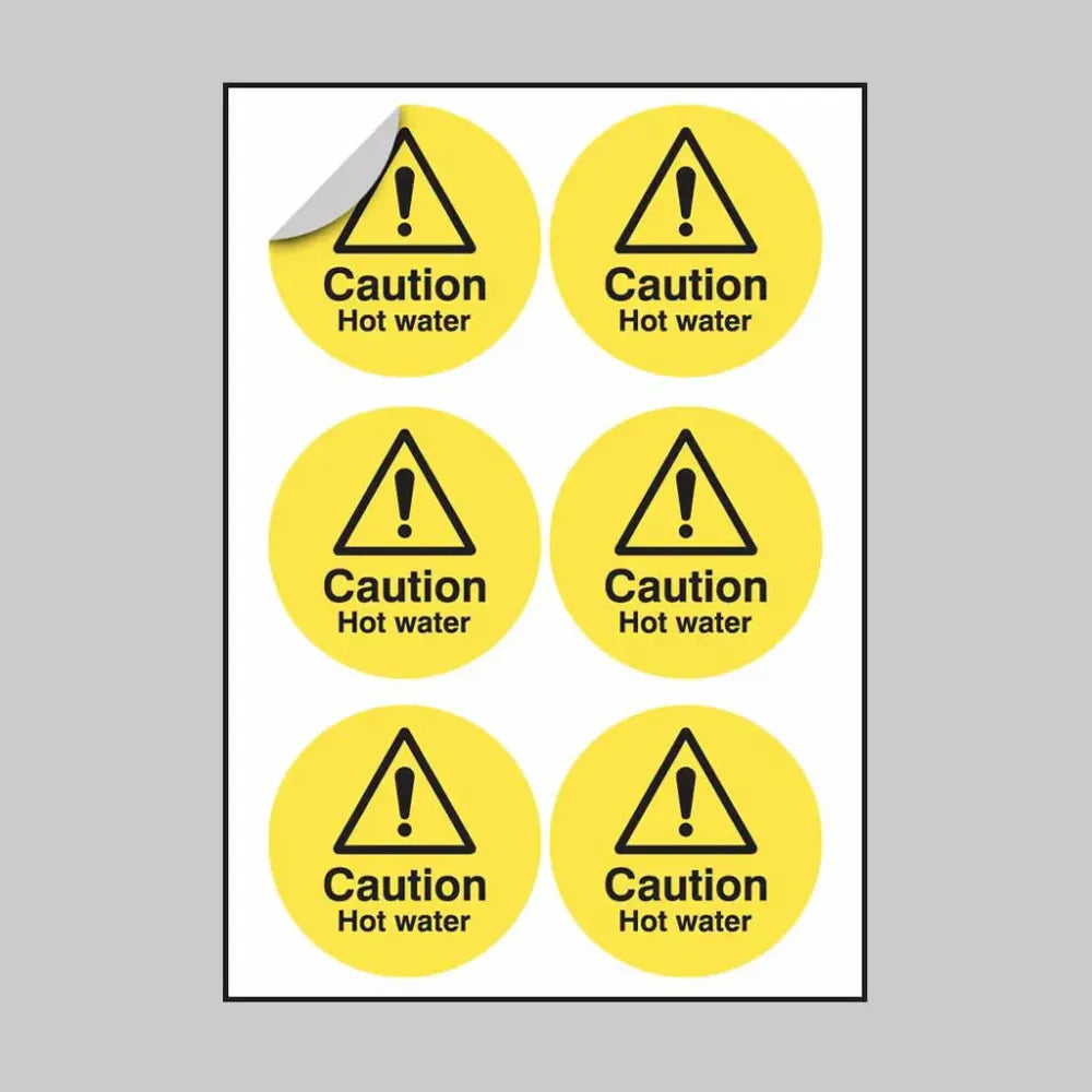 Caution hot water 65mm dia - sheet of 6 peel 'n' stick labels
