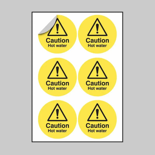 Caution hot water 65mm dia - sheet of 6 peel 'n' stick labels