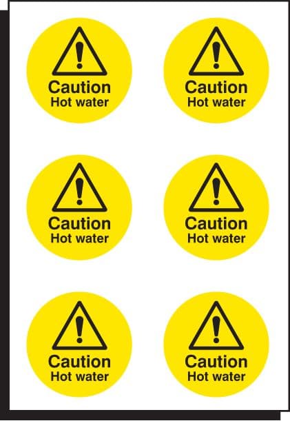 56098 Caution hot water 65mm dia - sheet of 6  (65mm dia) Safety Sign
