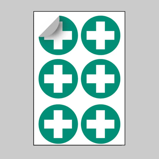 First aid symbol 65mm dia - sheet of 6 peel 'n' stick labels