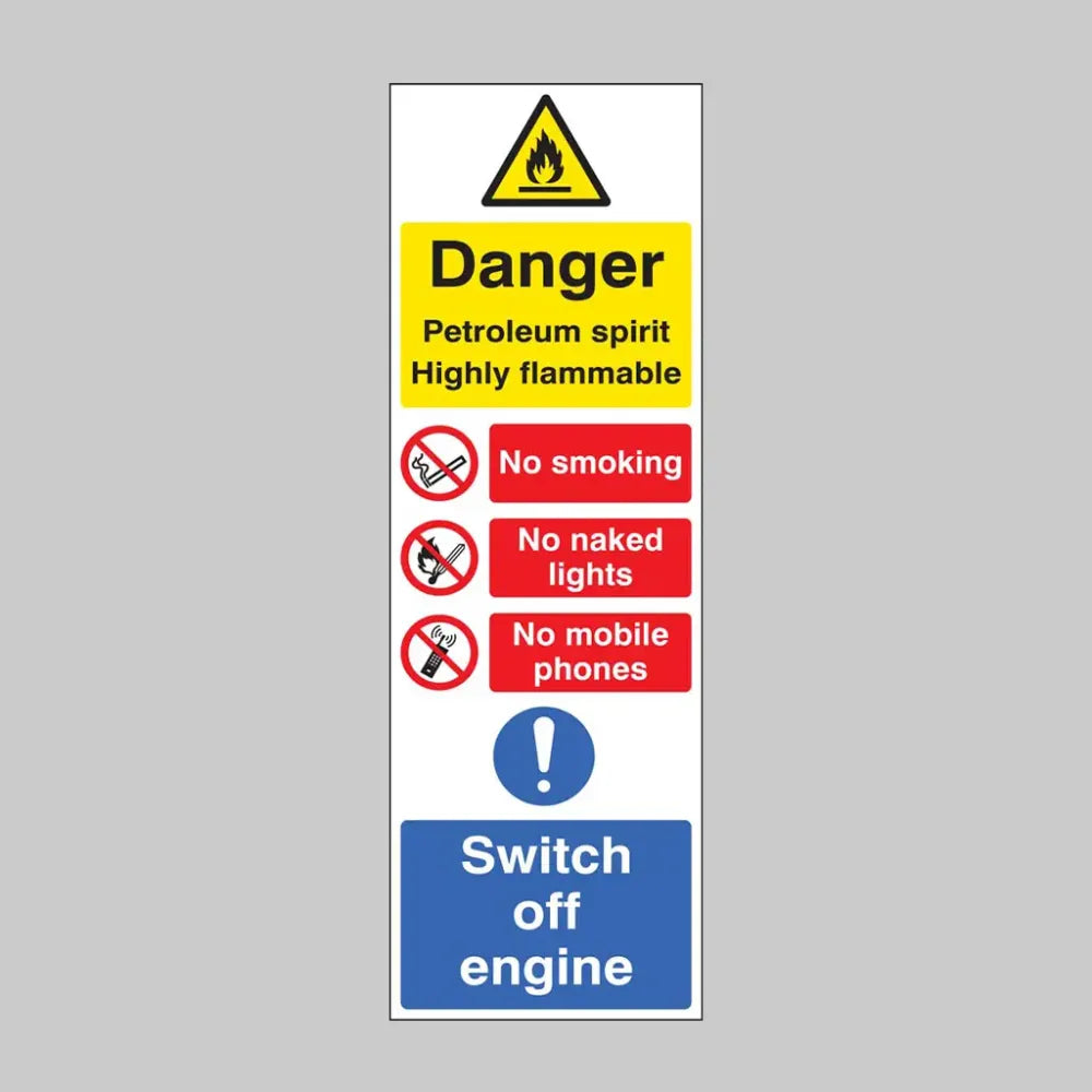 Petroleum spirit highly flammable (multi-message)  200x600mm rigid plastic