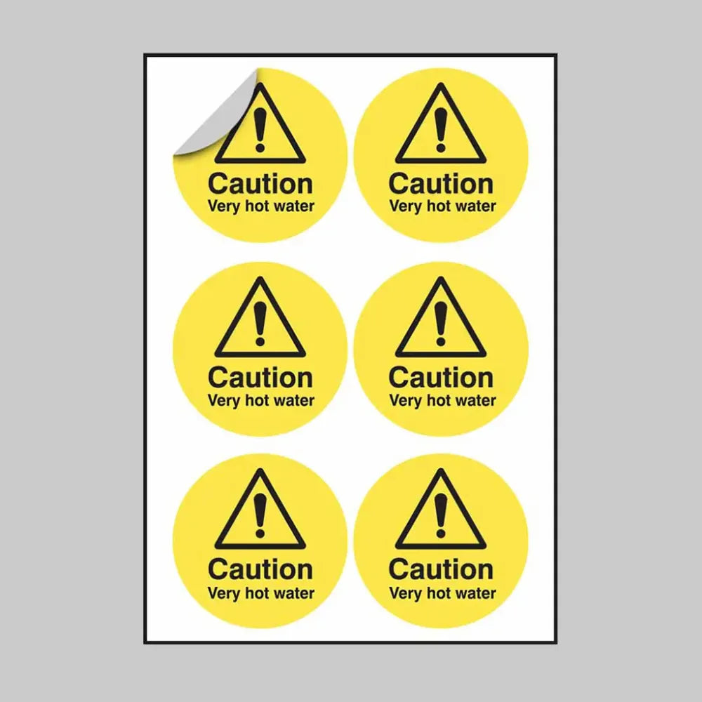 Caution very hot water 65mm dia - sheet of 6 peel 'n' stick labels