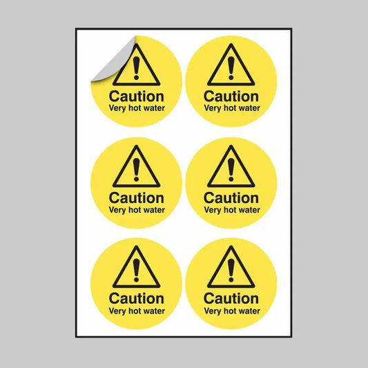 Caution very hot water 65mm dia - sheet of 6 peel 'n' stick labels