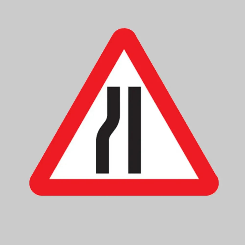 Road narrows left side class RA1 600mm triangle c/w channelling