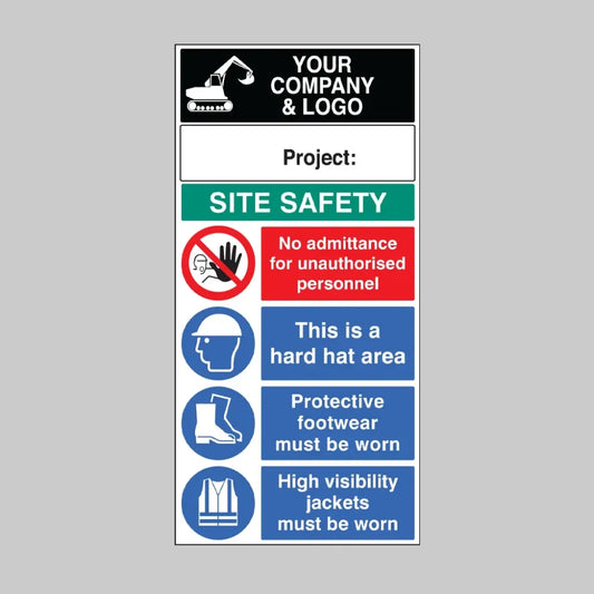 Site safety board 600x1200mm 5mm pvc c/w logo and project