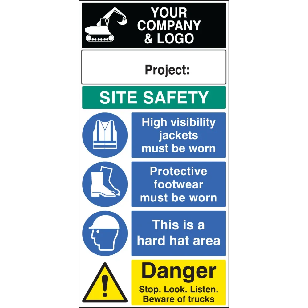 Site safety board 600x1200mm 5mm pvc c/w logo and project