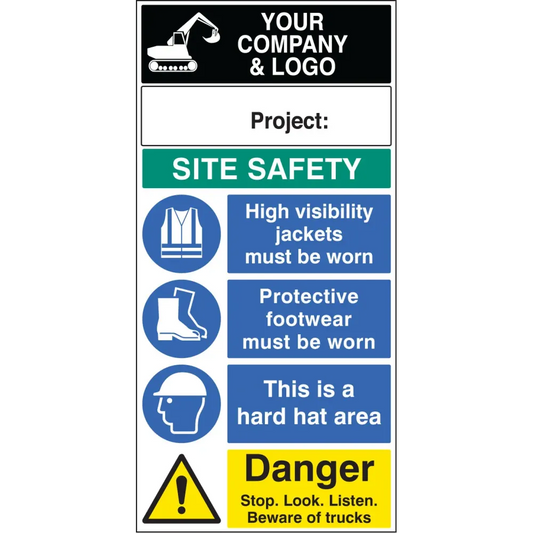 Site safety board 600x1200mm 5mm pvc c/w logo and project