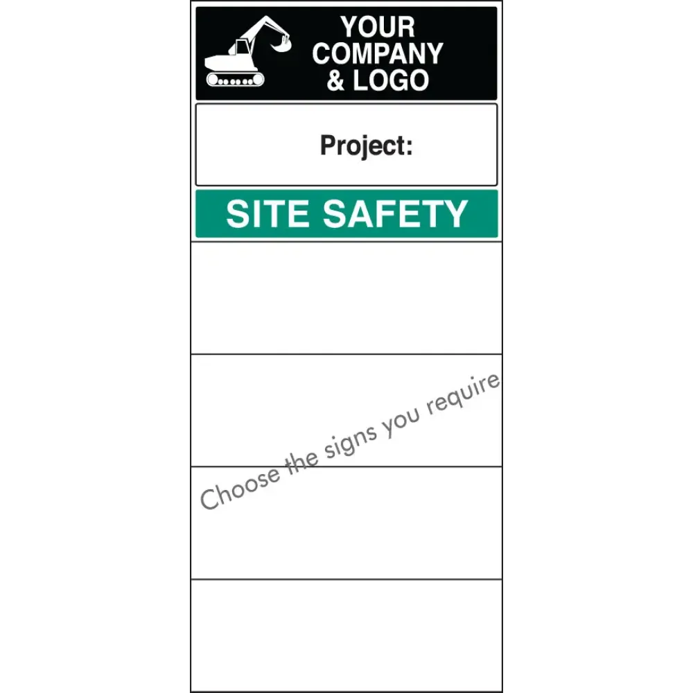 Site safety board 600x1200mm 5mm pvc c/w logo and select signs