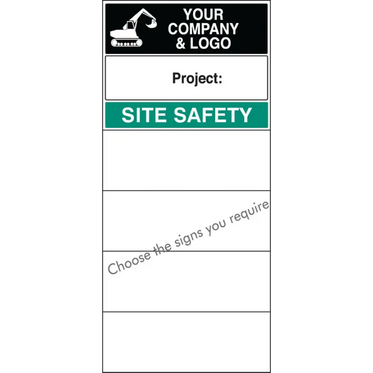 Site safety board 600x1200mm 5mm pvc c/w logo and select signs