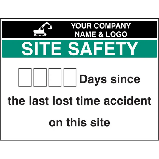Lost time accident board 900x700mm 5mm pvc c/w 2 sets of numbers and logo