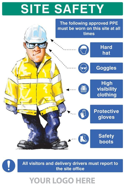 58051 PPE requirement sign (Hat,Goggles,Hivis,Gloves,Boots)  (600x900mm) Safety Sign
